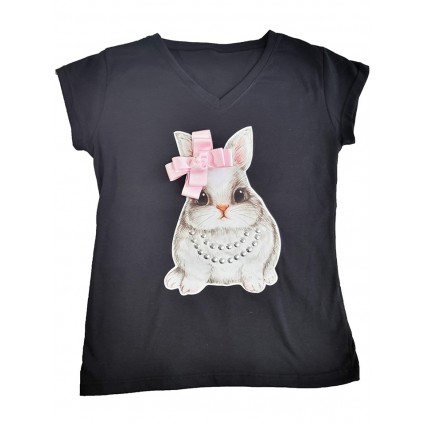 Camiseta Algodon 100% Cuello V Talla Unica Apliques Piedra Perlas Ref 085 Conejita Collar