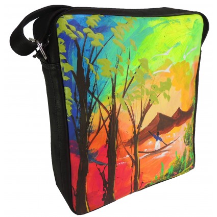 Bolso Arte Carriel 100% Cuero Pintura Original Acrilico Unisex Sin Tapa Manos Libres