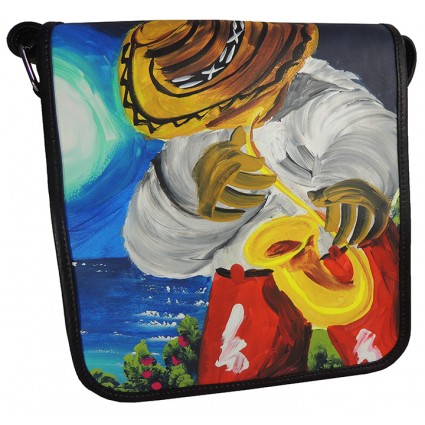 Bolso Arte Carriel 100% Cuero Pintura Original Acrilico Unisex Manos Libres 25 x 23 cm Musico Saxo